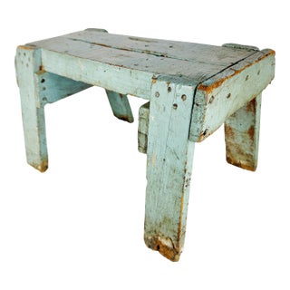 Primitive Blue Painted Wooden Stool | Antique Farmhouse Riser | Rustic Chippy Paint Footstool For Sale
