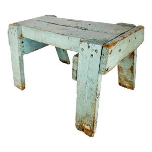 Primitive Blue Painted Wooden Stool | Antique Farmhouse Riser | Rustic Chippy Paint Footstool
