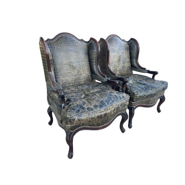Crocodile Embossed Leather Chairs by Old Hickory Tannery, a Pair, Wingback Chairs, Nailhead Trim, Style of Massoud Lettsworth Wing Chair For Sale - Image 9 of 12