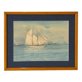 Seascape with Boat, 1920s, Watercolor For Sale
