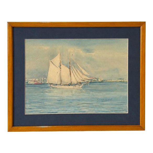 Seascape with Boat, 1920s, Watercolor For Sale