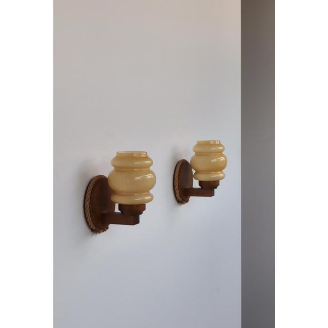 Scandinavian Modern Wall Lamps in Jute Rope and Opaline Glass by Markslöjd, 1970s, Set of 2 For Sale - Image 3 of 18