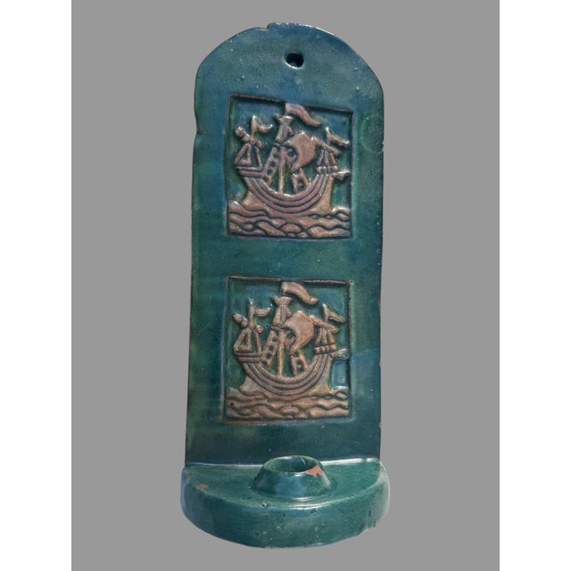 Green Antique Bucks County Art Pottery Ship Wall Candle Sconce Arts Crafts Green 10.5” For Sale - Image 8 of 8
