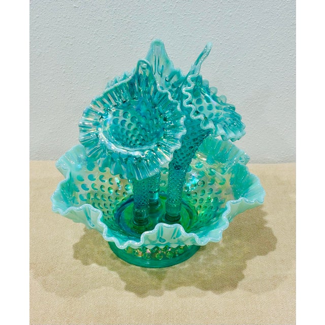 Mid 20th Century Vintage Fenton Hobnail Opalescent Sea Green Turquoise 3 Horn Epergne For Sale - Image 5 of 10