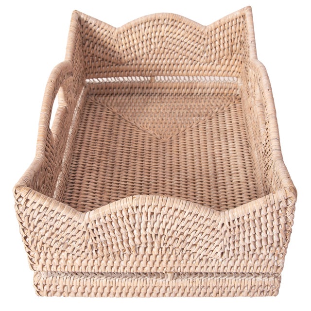 2020s Artifacts Rattan Rectangular Scalloped Shelf Basket - White Wash For Sale - Image 5 of 7