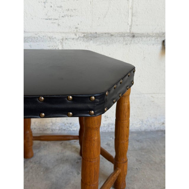 Black Leather Hexagonal Ottoman With Wooden Legs Danish Mid-Century Modern 1970s For Sale - Image 4 of 9