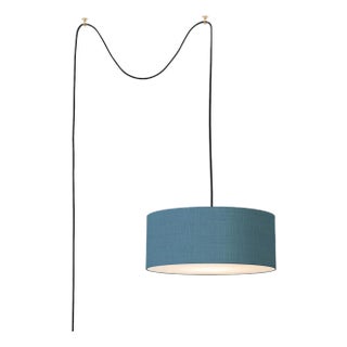 Stretch Swag Lamp, Turquoise Linen Shade, Satin Nickel, for Living Room or Bedroom For Sale