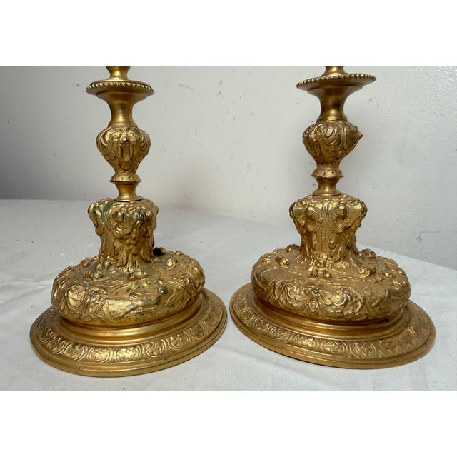Pair Antique Ornate 1800's Gilt Bronze French Figural Candlestick Candle Holders For Sale In New York - Image 6 of 13
