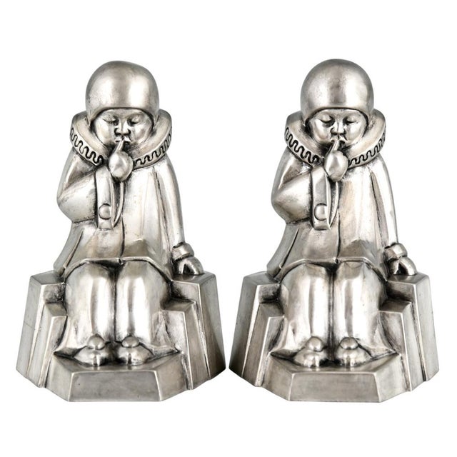 Silver Art Deco Silvered Bronze Pierrot Bookends by Jean de la Fontinelle, 1925, Set of 2 For Sale - Image 8 of 11