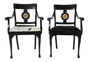 Ebonized English Regency Armchairs With Pony Seats and Monogram - a Pair