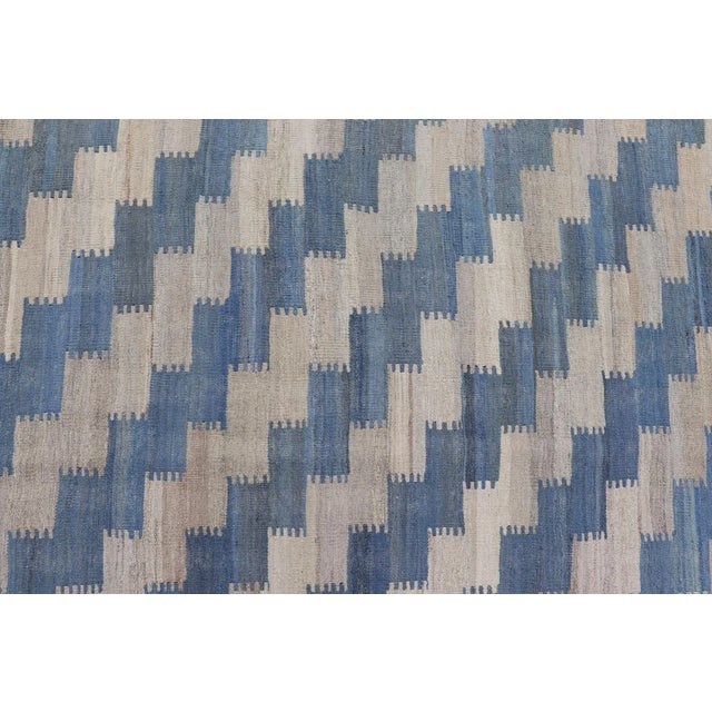 Blue Hand Woven Flat-Weave Kilim Rug With a Modern Design in Blue and Creams For Sale - Image 8 of 13