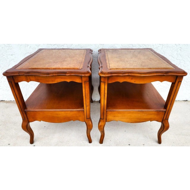 1960s Vintage French Side Tables Walnut Leather Top by Hammary For Sale - Image 5 of 12