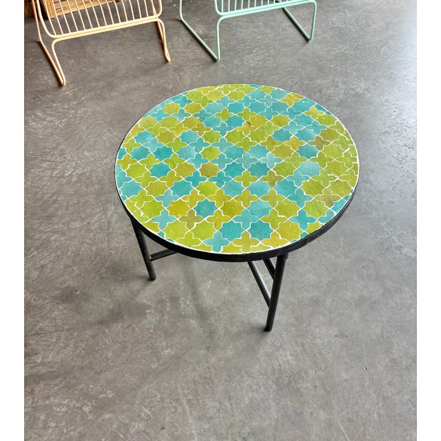 Ceramic Moroccan Green and Turquoise Zellige Round Coffee Table, 2010s For Sale - Image 7 of 7