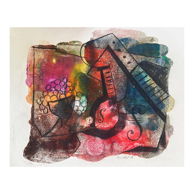 Vintage Musical Abstract Oil Painting on Paper, C1970s, Signed For Sale