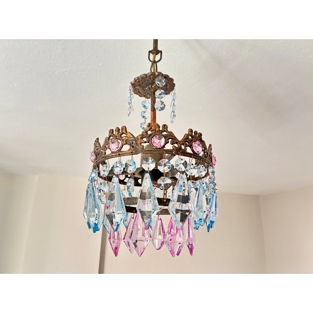 Vintage Brass Crown Chandelier With Hand-Painted Pink and Ice Blue Crystal Prisms For Sale - Image 6 of 17