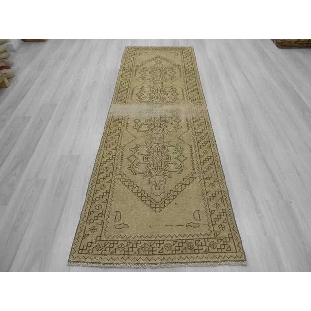 Mid-Century Modern Handknotted Vintage Distressed Washed Out Turkish Runner Rug - 3′2″ × 9′11″ For Sale - Image 3 of 6