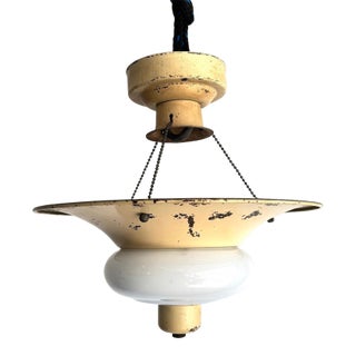 Art Deco 1920s Industrial Metal/Milk Glass Hanging Light Fixture For Sale