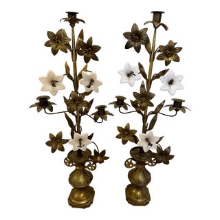 Early 20th Century French Brass Flower Motif Candelabras - a Pair For Sale