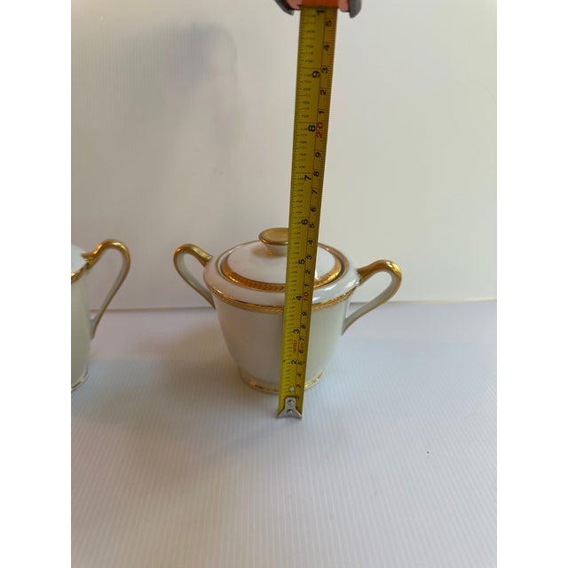 Vintage 1950s Limoges France Creamer and Sugar Bowl With Lid by Cenpor in Classic White and Gold Trim Set For Sale - Image 12 of 16