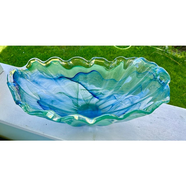 Murano Murano Green and Blue Scalloped Large Glass Statement Bowl For Sale - Image 4 of 10