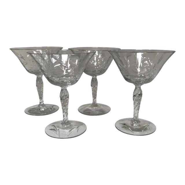 1940s Crystal Engraved Wine Glasses - Set of 4 For Sale