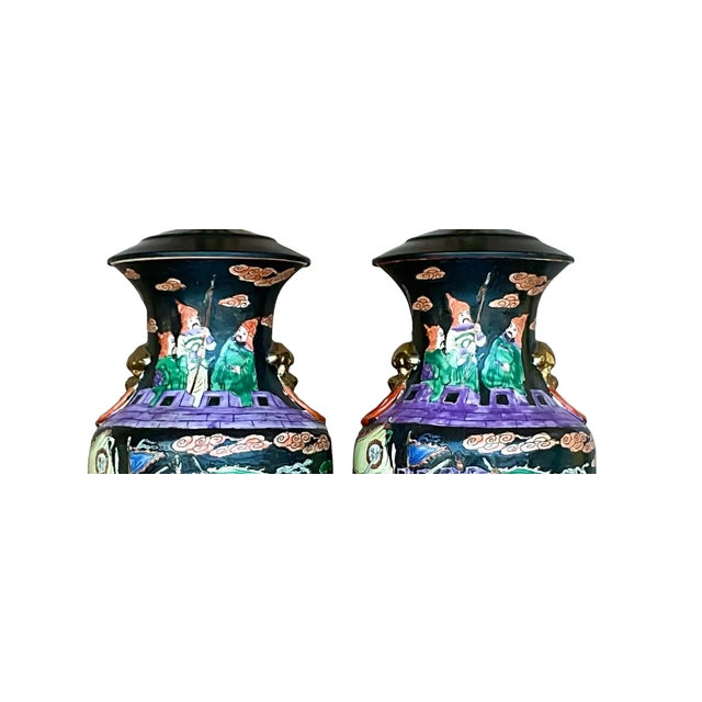 Vintage Chinoiserie Hand-Painted Ceramic Figural Table Lamps – A Pair For Sale In West Palm - Image 6 of 12