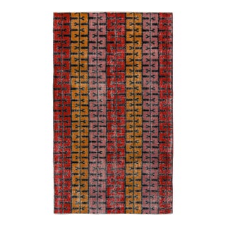 1960s Vintage Distressed Mid-Century Modern Rug, Pink, Red, Gold Deco Pattern For Sale