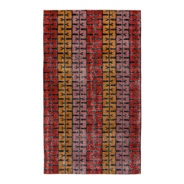 1960s Vintage Distressed Mid-Century Modern Rug, Pink, Red, Gold Deco Pattern For Sale