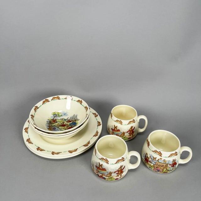 Traditional Vintage Royal Doulton Bunnykins Porcelain Child's Plate Bowl Cup Set- 9 Pieces For Sale - Image 3 of 13