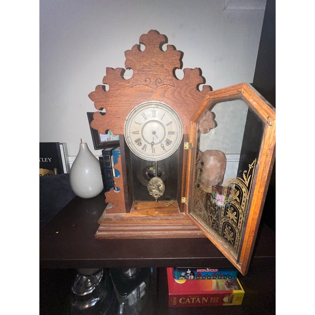 Victorian 1890s Antique E. Ingraham Co. Oak "Lily" Gingerbread Mantel Clock For Sale - Image 3 of 8
