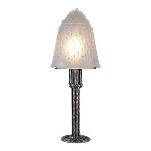 Muller Freres Large French Art Deco Wrought Iron Cone Glass Table Lamp - 1930s