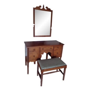 1940s Custom Vanity, Stool, & Mirror Set, Solid Wood - Set of 3 For Sale