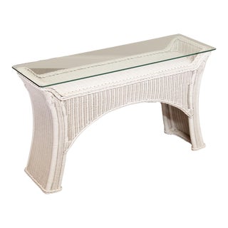 Vintage White Wicker & Glass Top Console Table Attributed to Henry Link For Sale