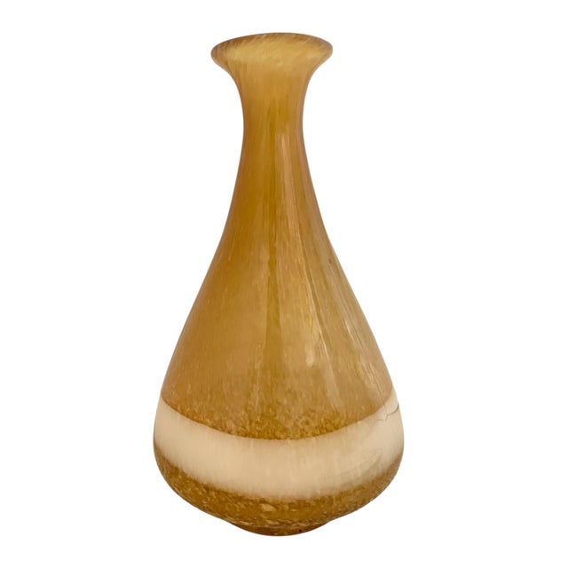 Mid-Century Modern Vintage Hand Blown Glass Murano-Style Amber W/White Swirls Vase 11.75” For Sale - Image 3 of 7