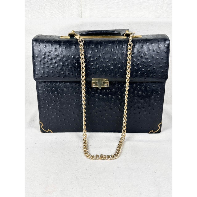 Traditional Vintage Chic De Paris Black Ostrich Embossed Leather Top Handle Portfolio Bag For Sale - Image 3 of 12