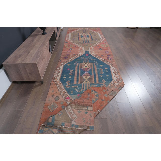 Islamic 1970s Vintage Handwoven Turkish Runner - Terracotta & Teal Medallion Rug For Sale - Image 3 of 8