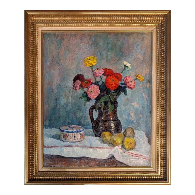 French Normandy School Post-Impressionist Oil on Canvas Still Life Flowers Fruit by Franck Innocent, 1941 For Sale