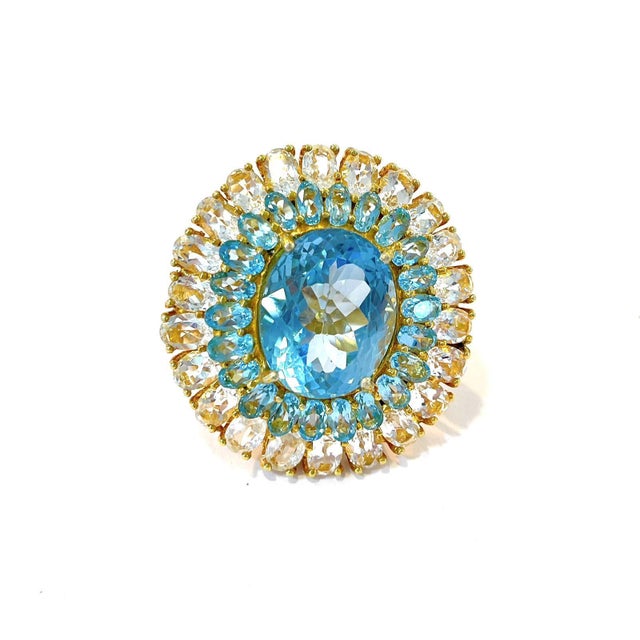 Bochic "Flamenco" Vintage Blue Topaz & White Topaz Gems Cocktail Ring 18K Gold & Silver Cluster Multi Color Fancy Gems...