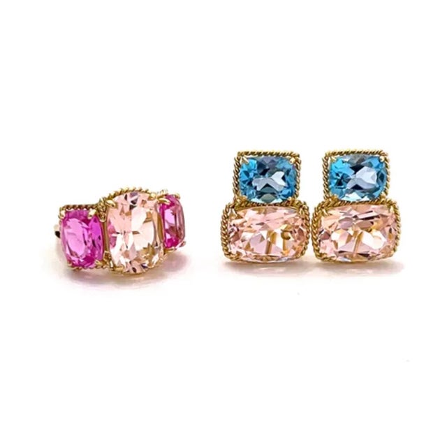 Christina Addison 18kt Yellow Gold Three Stone Ring With Pink Topaz and Blue Topaz and Rope Twist Border For Sale - Image 9 of 12