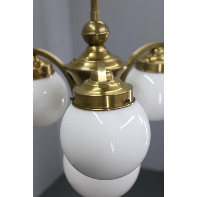 Metal 1930s Czechoslovak Art Deco Brass Chandelier with Four Opaline Glass Globes For Sale - Image 7 of 14