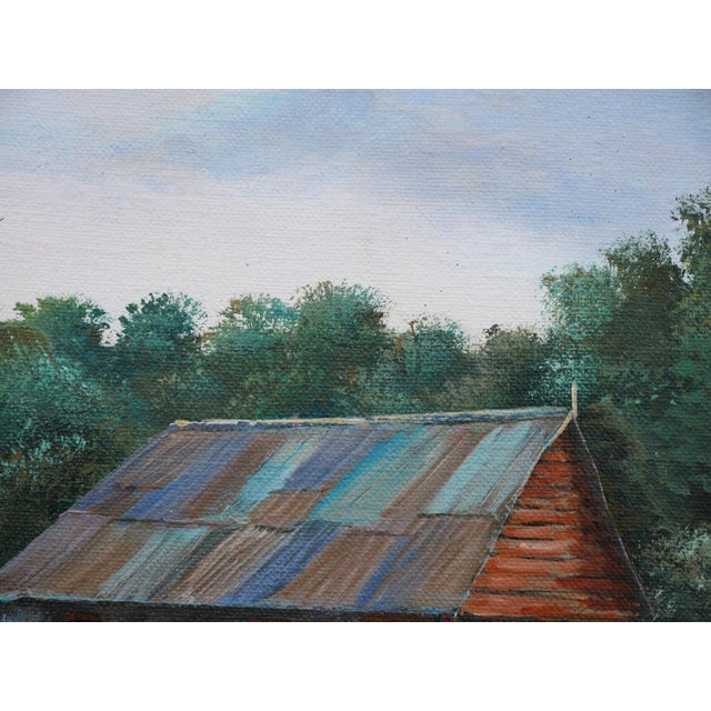 Jean-Felix Defournoy Modern Realist Green and Blue-Toned Rural Village Market Landscape Painting, Late 20th Century For Sale - Image 4 of 12