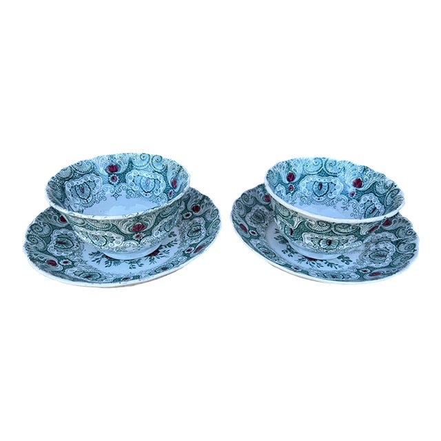 A Pair of Antique Staffordshire Green Transferware Decorated Cups and Saucers, by Adams, Circa 1830's For Sale