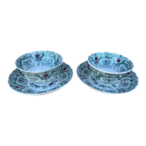 A Pair of Antique Staffordshire Green Transferware Decorated Cups and Saucers, by Adams, Circa 1830's