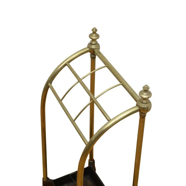 English brass umbrella stand / walking stick stand round form with six divisions, two decorative finals and removable drip...