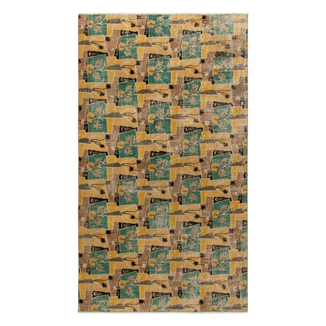 1960s Vintage Distressed Art Deco Rug in Brown, Yellow, Green All Over Pattern For Sale In New York - Image 6 of 6