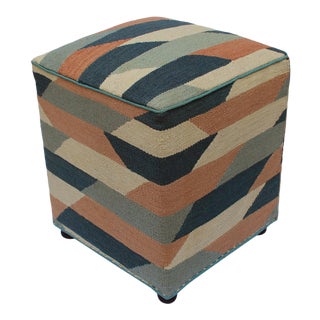 Boho Chic Shelley Ivory/Grey Handmade Kilim Upholstered Ottoman For Sale