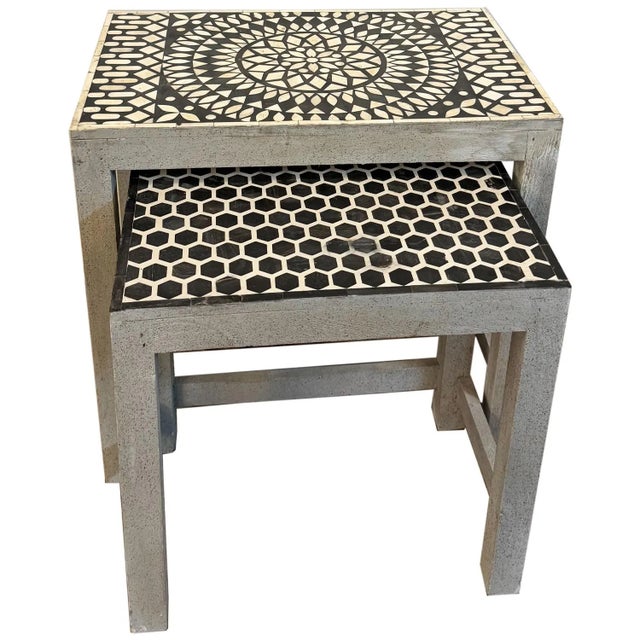 Far Pavilions 1970s Rustic Gray Wood Nesting End Tables With Inlay – Set of 2 For Sale - Image 4 of 5