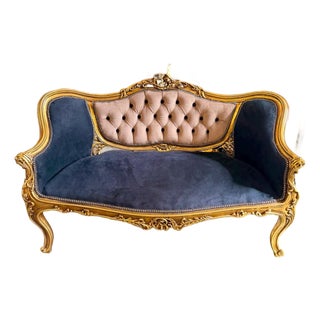 Vintage Rococo Loveseat Black & Beige Velvet 55W For Sale