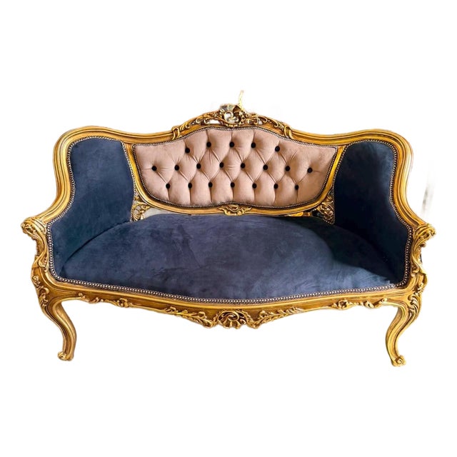 Vintage Rococo Loveseat Black & Beige Velvet 55W For Sale