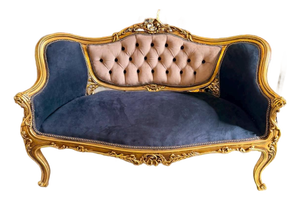 Vintage Rococo Loveseat Black & Beige Velvet 55W